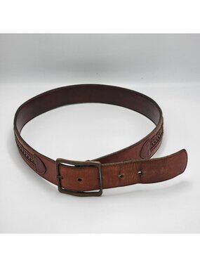 Vintage Brown Leather Belt With Braided & Perforated Details Solid Brass Buckle